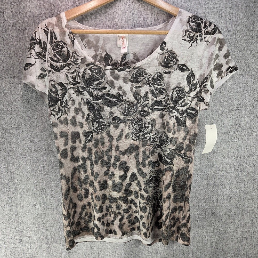 VTG Bohemian Army Floral Leopard Graphic Mixed Print Tee Women's L Shirt Grunge